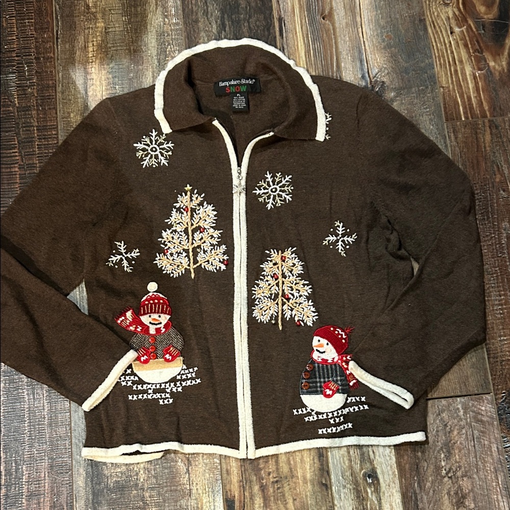 Hampshire Studio brown zip winter holiday cardigan w/snowmen size PL preloved